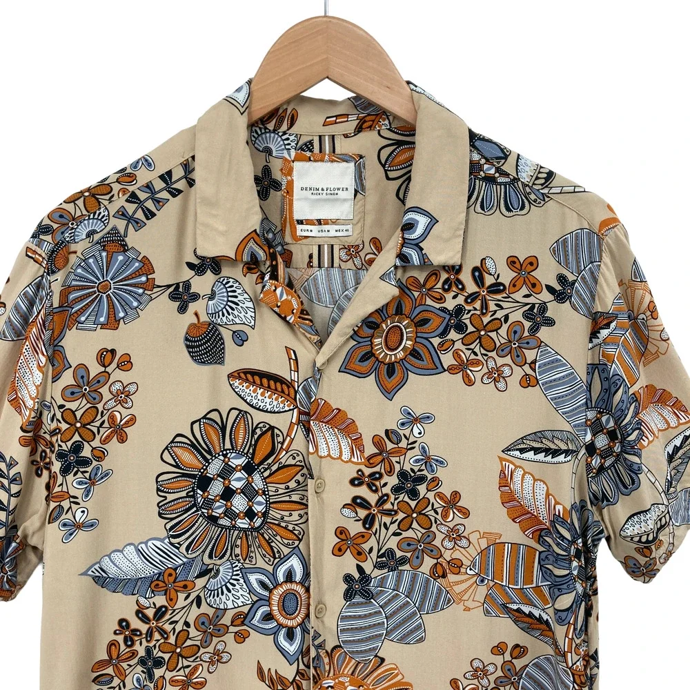 Denim & Flower Ricky Singh Floral Print Button Down Shirt Medium Men's Viscose